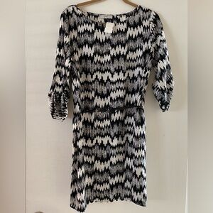 Ovi Monochrome Zigzag Black/ Ivory Belted Long Sleeve Dress